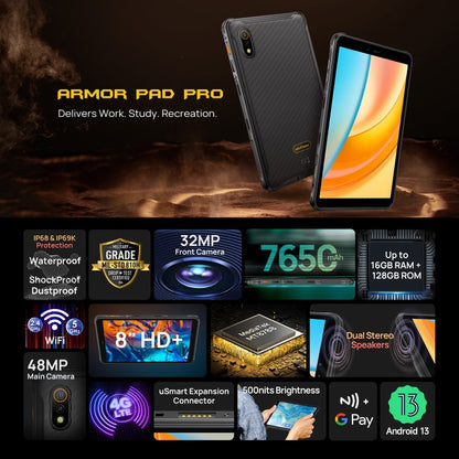 [HK Warehouse] Ulefone Armor Pad Pro Rugged Tablet PC, 8GB+128GB, 8 inch Android 13 MediaTek MT8788 Octa Core 4G Network, EU Plug(Black)