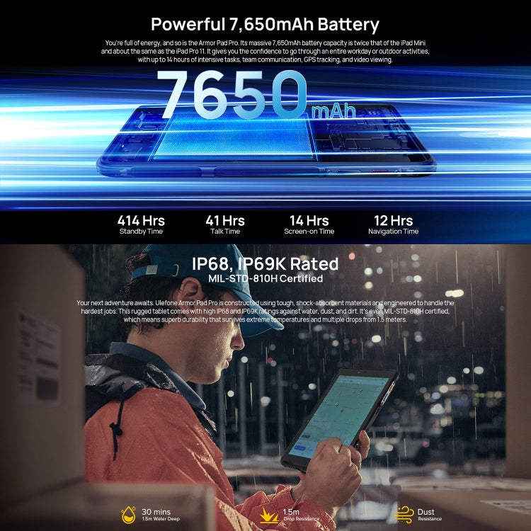 [HK Warehouse] Ulefone Armor Pad Pro Rugged Tablet PC, 8GB+128GB, 8 inch Android 13 MediaTek MT8788 Octa Core 4G Network, EU Plug(Black)