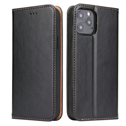 Pour iPhone 12 mini Fierre Shann PU Étui en cuir véritable texturé à rabat horizontal avec support et fentes pour cartes et portefeuille (noir)