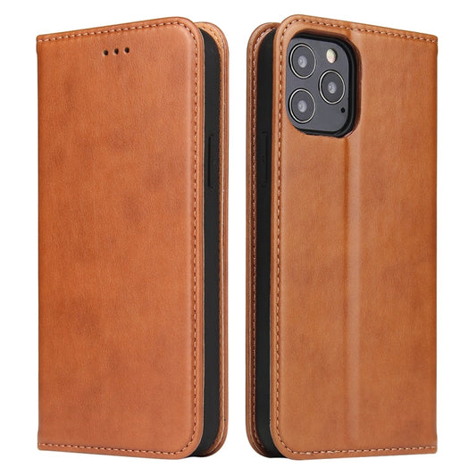 Pour iPhone 12 mini, étui en cuir synthétique Fierre Shann à texture cuir véritable, à rabat horizontal avec support et fentes pour cartes et portefeuille (marron)