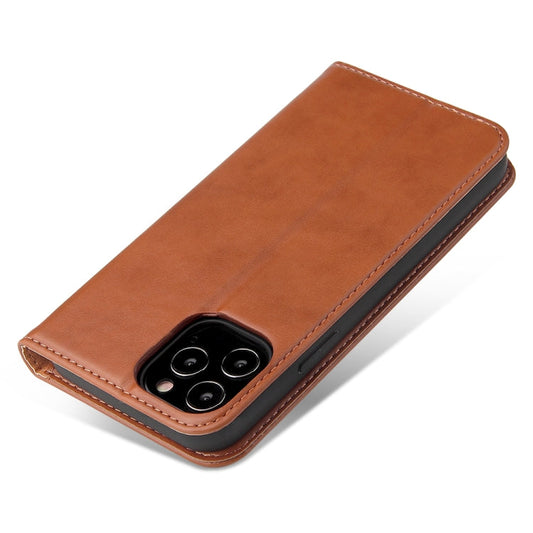 Pour iPhone 12 mini, étui en cuir synthétique Fierre Shann à texture cuir véritable, à rabat horizontal avec support et fentes pour cartes et portefeuille (marron)
