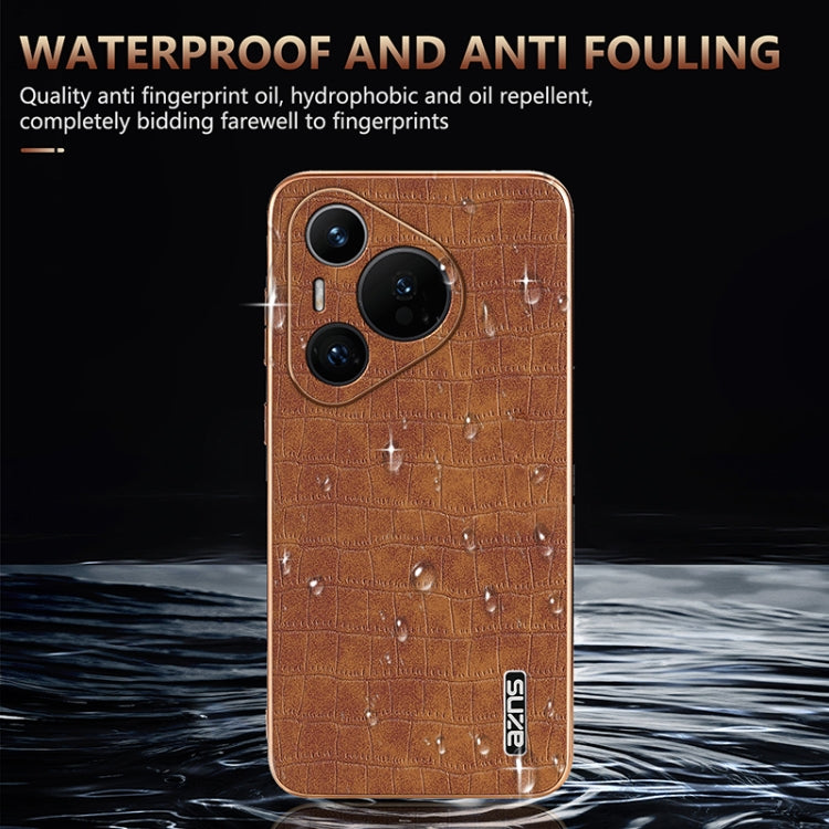 For Huawei Pura 70 AZNS Electroplated Frame Crocodile Texture Full Coverage Phone Case(Brown)