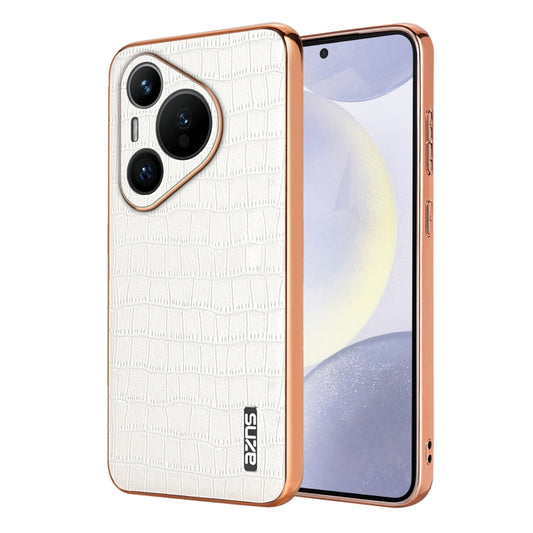 For Huawei Pura 70 AZNS Electroplated Frame Crocodile Texture Full Coverage Phone Case(White)