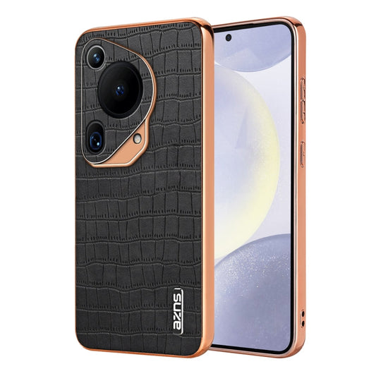 For Huawei Pura 70 Ultra AZNS Electroplated Frame Crocodile Texture Full Coverage Phone Case(Black)