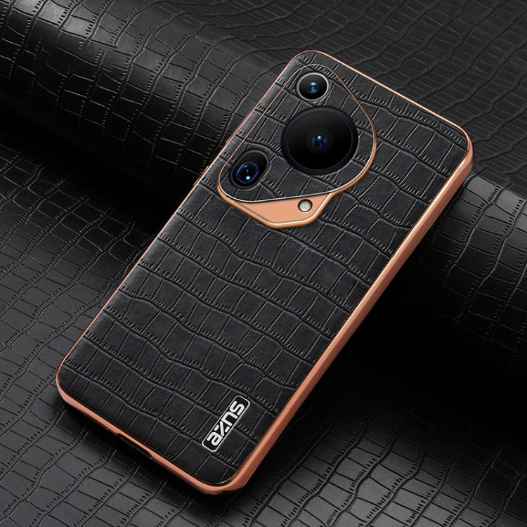 For Huawei Pura 70 Ultra AZNS Electroplated Frame Crocodile Texture Full Coverage Phone Case(Black)
