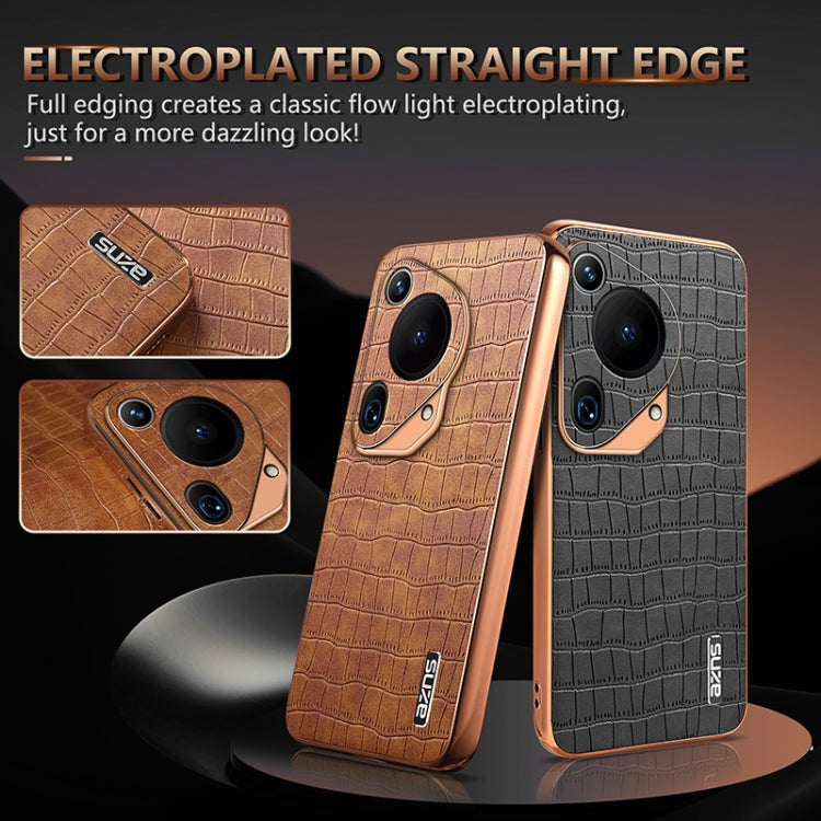 For Huawei Pura 70 Ultra AZNS Electroplated Frame Crocodile Texture Full Coverage Phone Case(Brown)