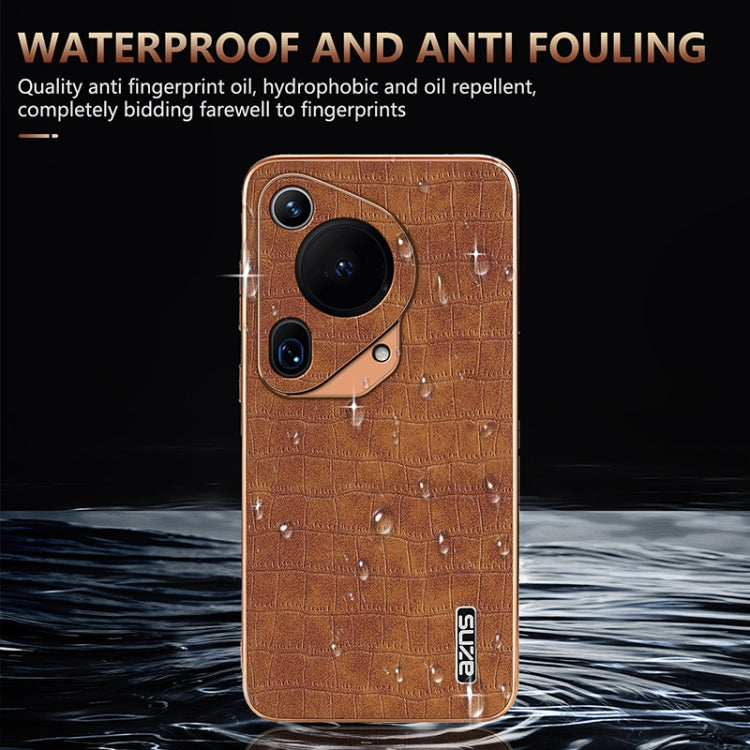 For Huawei Pura 70 Ultra AZNS Electroplated Frame Crocodile Texture Full Coverage Phone Case(Brown)