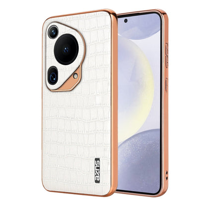 Pour Huawei Pura 70 Ultra AZNS Étui de téléphone à couverture complète avec cadre galvanisé et texture croco (blanc)