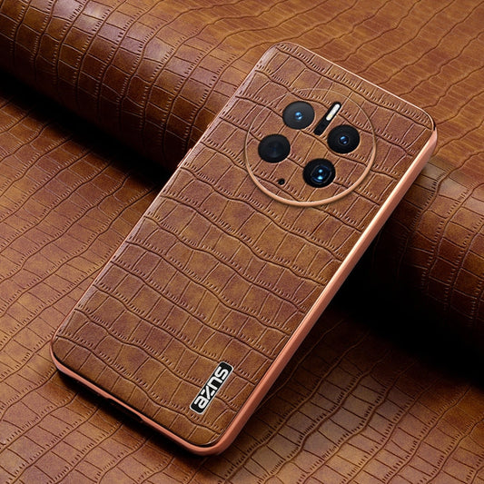 For Huawei Mate 50 Pro AZNS Electroplated Frame Crocodile Texture Full Coverage Phone Case(Brown)