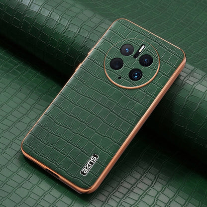 Pour Huawei Mate 50 Pro AZNS Coque de téléphone à couverture complète en texture crocodile avec cadre électroplaqué (vert)