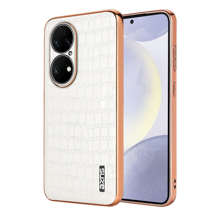 For Huawei P50 AZNS Electroplated Frame Crocodile Texture Full Coverage Phone Case(White)