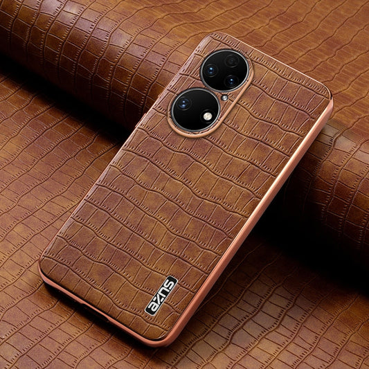 For Huawei P50 Pro AZNS Electroplated Frame Crocodile Texture Full Coverage Phone Case(Brown)