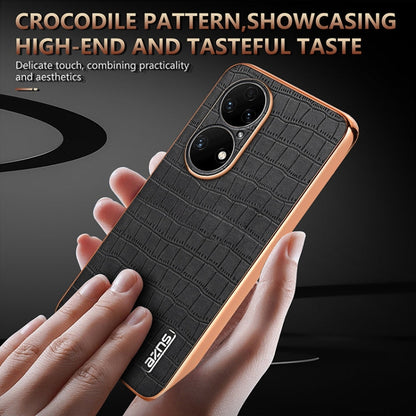 For Huawei P50 Pro AZNS Electroplated Frame Crocodile Texture Full Coverage Phone Case(Brown)