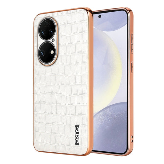 Pour Huawei P50 Pro AZNS Coque de téléphone à couverture complète avec cadre électrolytique et texture crocodile (blanc)