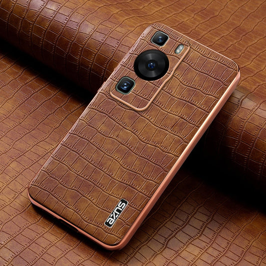 For Huawei P60 / P60 Pro AZNS Electroplated Frame Crocodile Texture Full Coverage Phone Case(Brown)