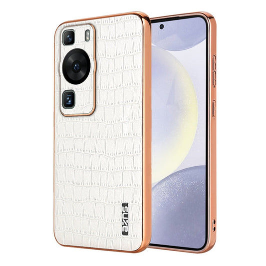 Pour Huawei P60 / P60 Pro AZNS Coque de téléphone à couverture complète avec cadre galvanisé et texture crocodile (Blanc)