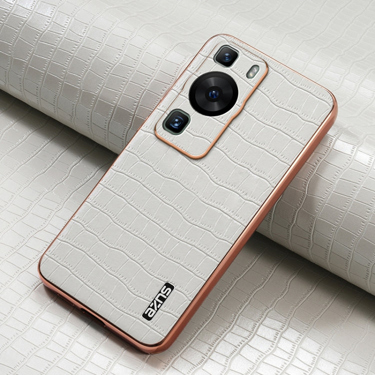 For Huawei P60 / P60 Pro AZNS Electroplated Frame Crocodile Texture Full Coverage Phone Case(White)