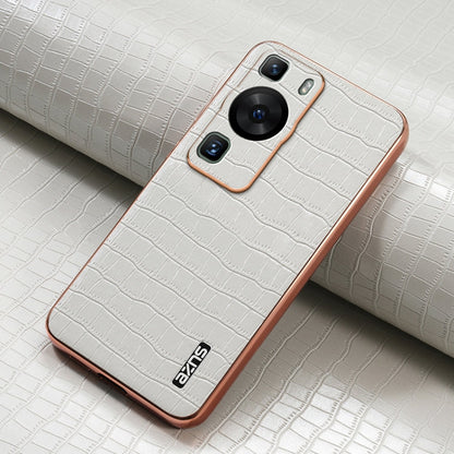 For Huawei P60 / P60 Pro AZNS Electroplated Frame Crocodile Texture Full Coverage Phone Case(White)