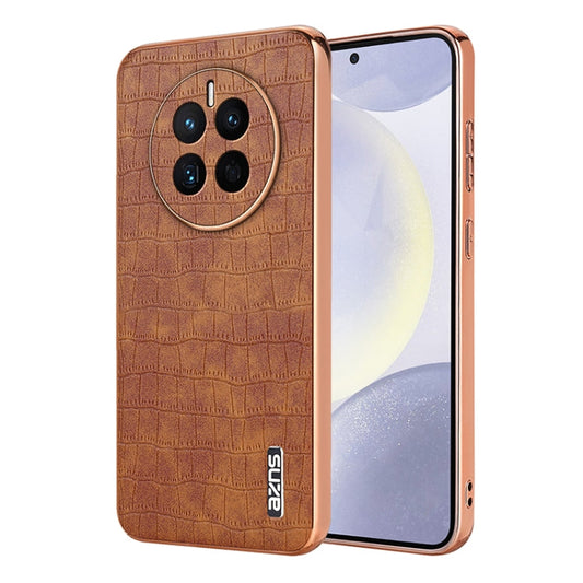 For Huawei Mate 50 / 50E AZNS Electroplated Frame Crocodile Texture Full Coverage Phone Case(Brown)