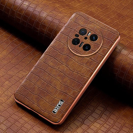 For Huawei Mate 70 AZNS Electroplated Frame Crocodile Texture Full Coverage Phone Case(Brown)