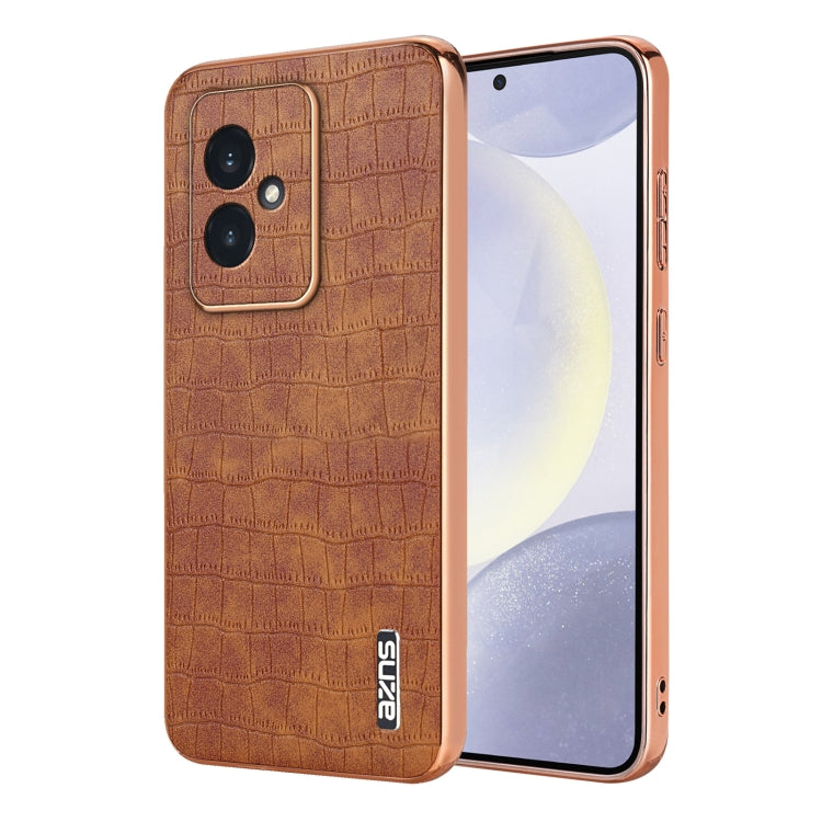 For Honor 100 AZNS Electroplated Frame Crocodile Texture Full Coverage Phone Case(Brown)