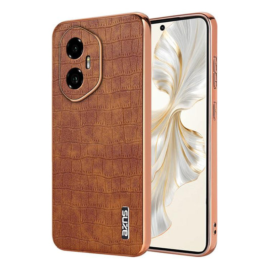 For Honor 300 AZNS Electroplated Frame Crocodile Texture Full Coverage Phone Case(Brown)
