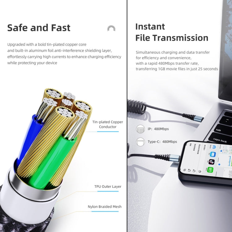 ROCK RCB0877 PD 60W USB-C / Type-C to USB-C / Type-C Spring Coil Fast Charge Data Cable, Length:1.5m