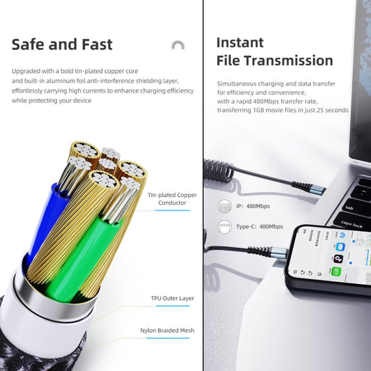 ROCK RCB0877 PD 60W USB-C / Type-C to USB-C / Type-C Spring Coil Fast Charge Data Cable, Length:1.5m
