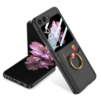 For Samsung Galaxy Z Flip6 / Flip7 FE GKK Integrated Ultra-thin Leather Card Slots Phone Case with Ring Holder(Carbon Fiber Black)