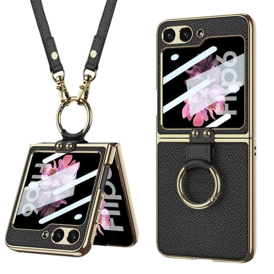 For Samsung Galaxy Z Flip6 / Flip7 FE GKK Integrated Electroplating Leather Phone Case with Ring/Strap(Black)