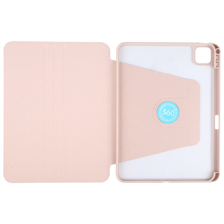 For iPad Pro 12.9 2022 / 2021 / 2020 GEBEI Acrylic TPU 3-folding Rotating Smart Tablet Leather Case withh Pen Slot(Pink)