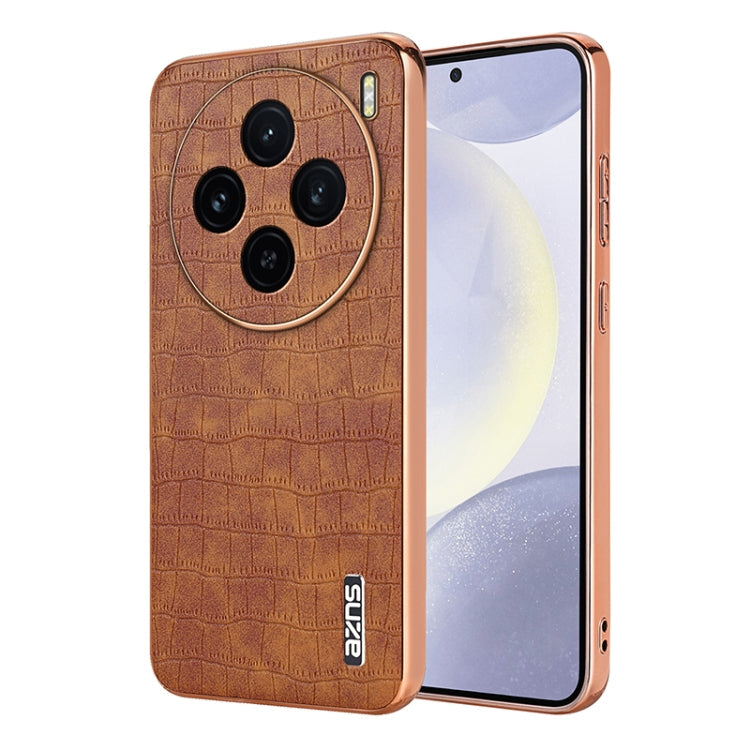Pour l'étui de téléphone à couverture complète en texture crocodile à cadre électrolytique AZNS 5G pour vivo X100 (marron)