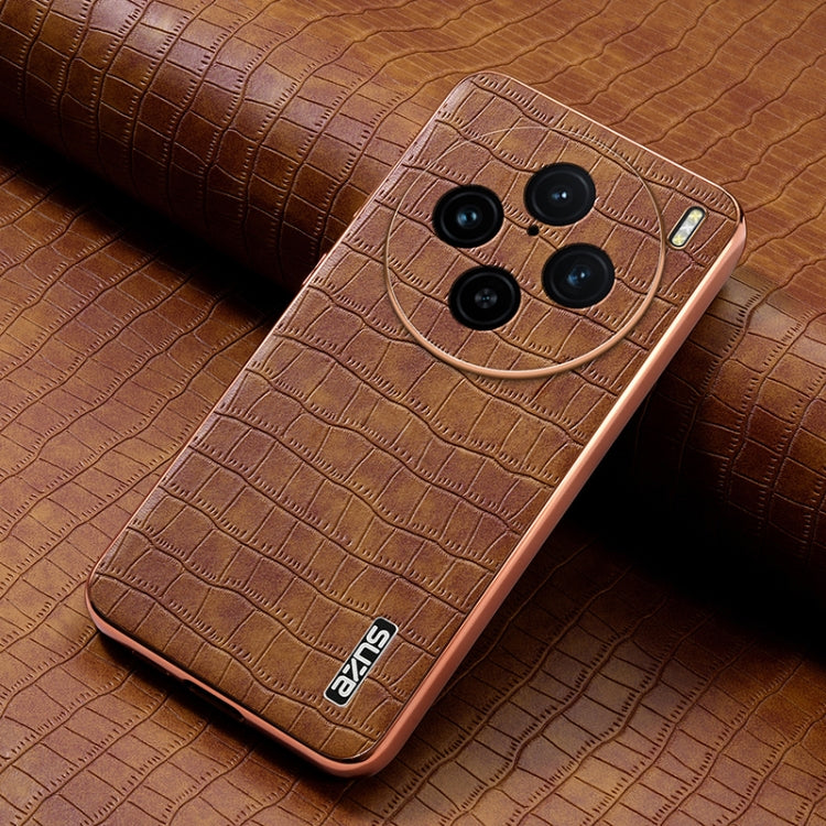 For vivo X100 Pro 5G / X100s Pro AZNS Electroplated Frame Crocodile Texture Full Coverage Phone Case(Brown)