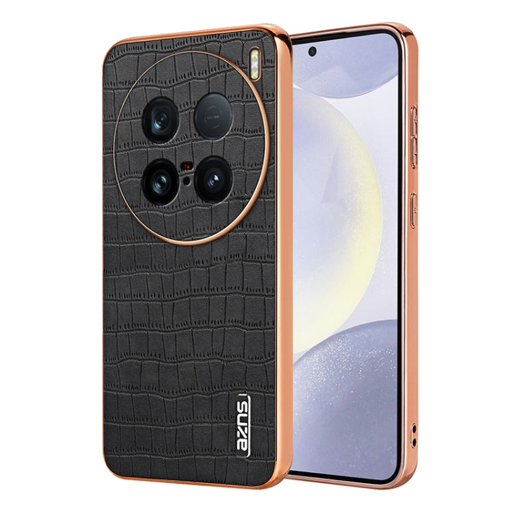 Pour la coque de téléphone vivo X100 Ultra AZNS avec cadre électroplaqué et texture crocodile, couverture complète (Noir)