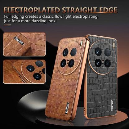 Pour la coque de téléphone vivo X100 Ultra AZNS avec cadre électroplaqué et texture crocodile, couverture complète (Noir)