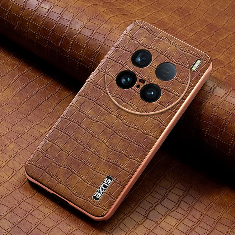 Pour vivo X100 Ultra AZNS Coque de téléphone à couverture complète en similicuir texturé crocodile avec cadre galvanisé (marron)