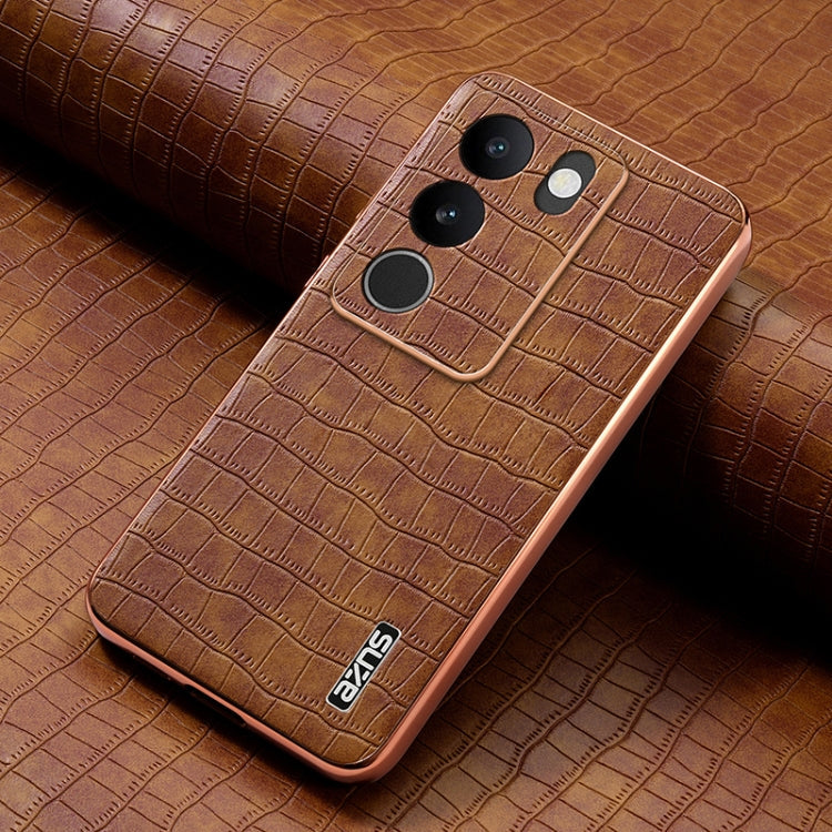 For vivo S17 / S17 Pro / S17t AZNS Electroplated Frame Crocodile Texture Full Coverage Phone Case(Brown)