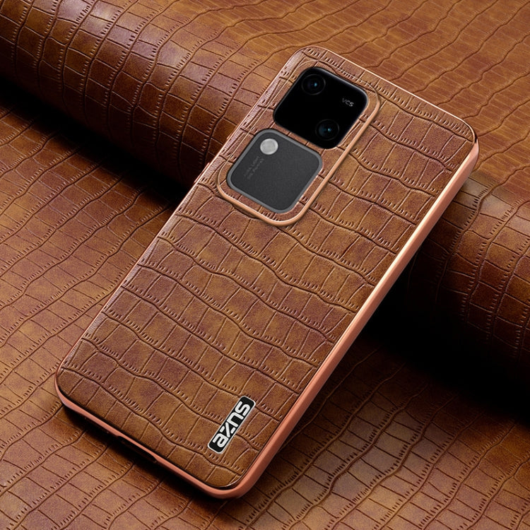 Pour vivo V30 / V30 Pro AZNS Coque de téléphone à couverture complète en similicuir texturé crocodile avec cadre électroplaqué (Marron)