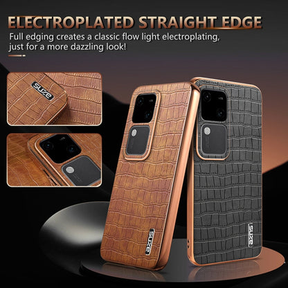 Pour vivo V30 / V30 Pro AZNS Coque de téléphone à couverture complète en similicuir texturé crocodile avec cadre électroplaqué (Marron)