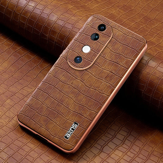 For vivo S19 AZNS Electroplated Frame Crocodile Texture Full Coverage Phone Case(Brown)