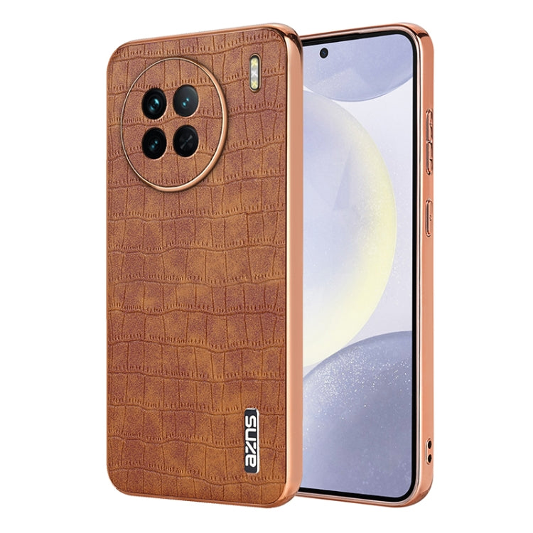 For vivo X90 / X90s AZNS Electroplated Frame Crocodile Texture Full Coverage Phone Case(Brown)
