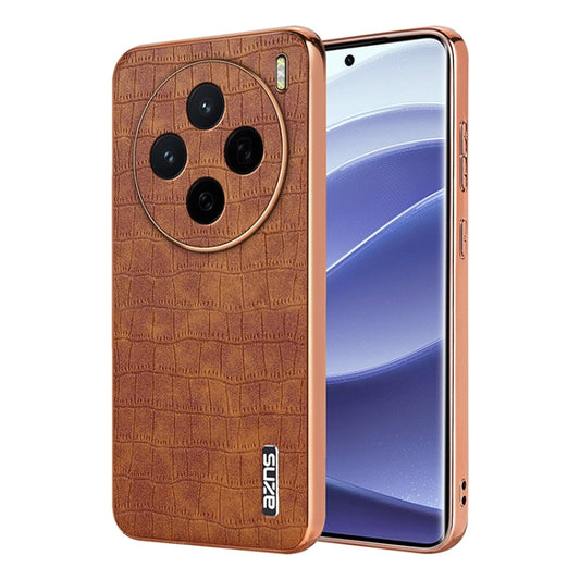 For vivo X200 AZNS Electroplated Frame Crocodile Texture Full Coverage Phone Case(Brown)
