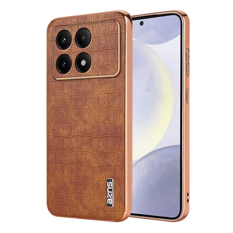 For Redmi K70E AZNS Electroplated Frame Crocodile Texture Full Coverage Phone Case(Brown)