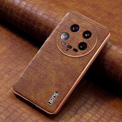 For Xiaomi 14 Ultra AZNS Electroplated Frame Crocodile Texture Full Coverage Phone Case(Brown)