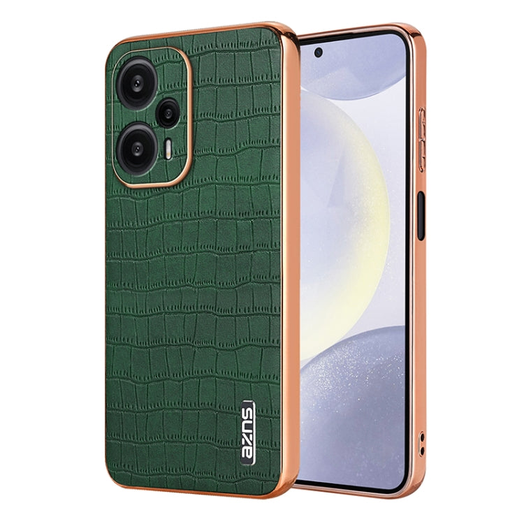 Pour Xiaomi Poco F5 Étui de téléphone à couverture complète en similicuir grain crocodile avec cadre galvanisé AZNS (Vert)