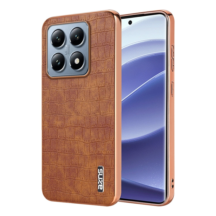 Pour Xiaomi 14T Coque de Téléphone à Couverture Complète en Texture Croco avec Cadre Électroplaqué AZNS (Marron)
