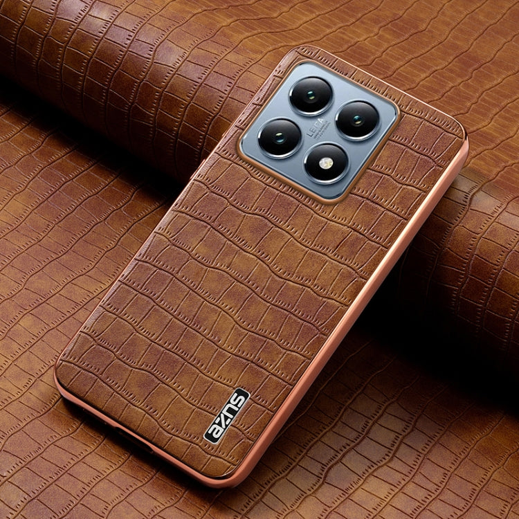 Pour Xiaomi 14T Coque de Téléphone à Couverture Complète en Texture Croco avec Cadre Électroplaqué AZNS (Marron)