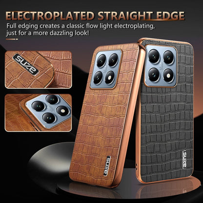 Pour Xiaomi 14T Coque de Téléphone à Couverture Complète en Texture Croco avec Cadre Électroplaqué AZNS (Marron)