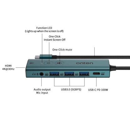 Onten UC123+ USB-C / Type-C to HDTV Multi-function HUB Docking Station with Button, Length:1.5m(Green)
