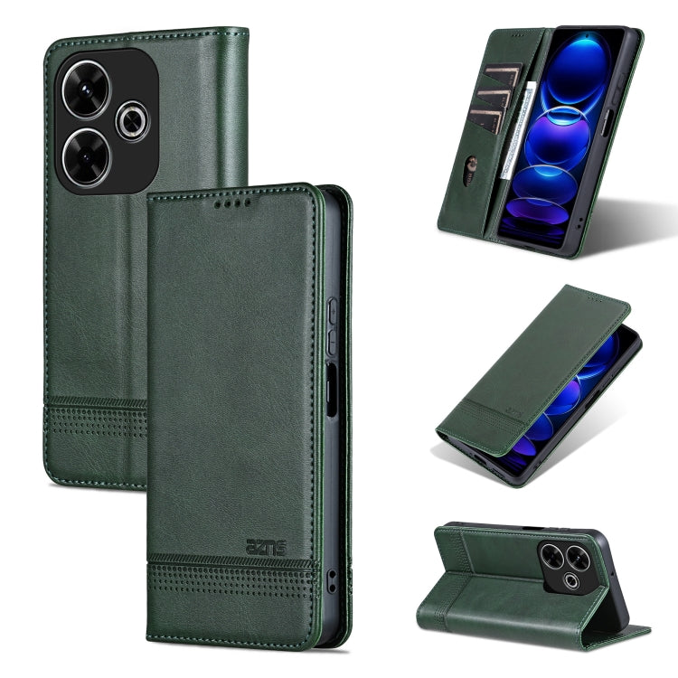 Pour Xiaomi Redmi 13 4G Global AZNS Étui de téléphone en cuir à rabat texturé veau magnétique (vert foncé)